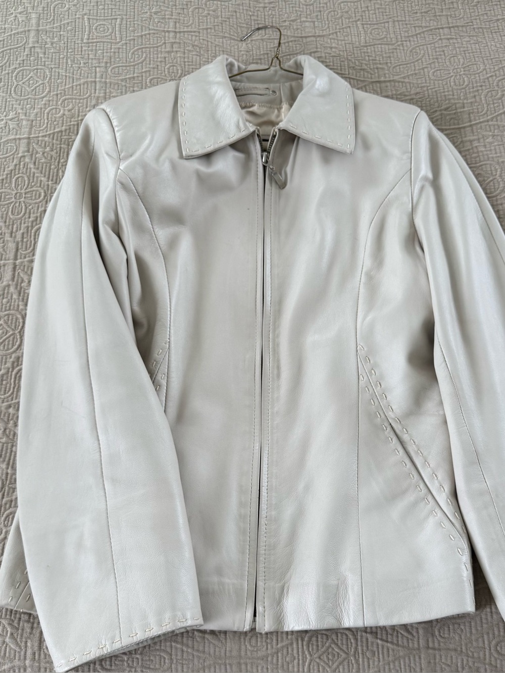 Women's Cream Leather Zip-Front Jacket